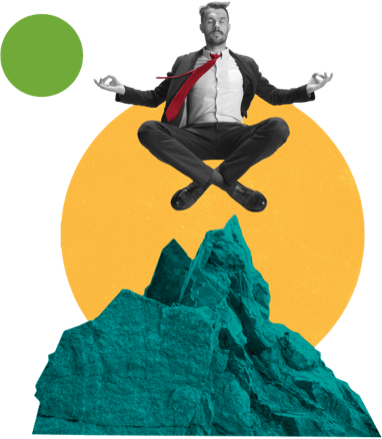 A business man levitating above a mountain having found inner peace thanks to Employer Flexible's PEO services.