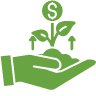 An icon of a hand with plant sprouting from it with a dollar sign representing investing in the future.