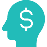 An icon of a blue head with a dollar sign in it representing payroll peace of mind.