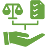 An icon of a hand holding up scales and paper representing rick management compliance.