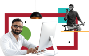 A collage with a smiling man working at a desktop computer, another man, standing with a bicycle, is looking at his mobile phone.