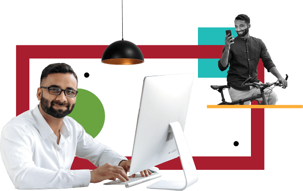 A collage with a smiling man working at a desktop computer, another man, standing with a bicycle, is looking at his mobile phone.