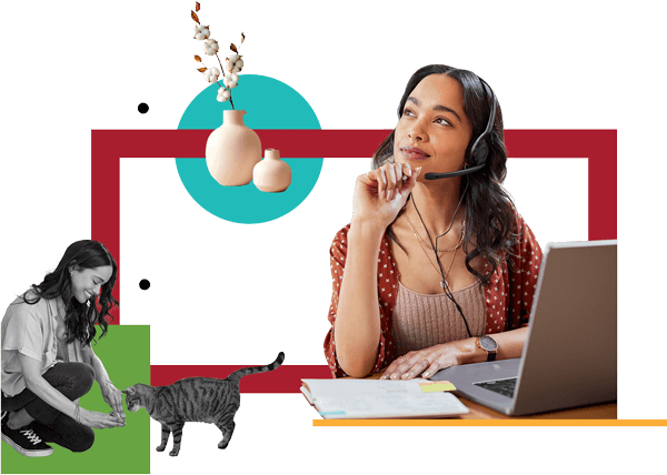 A collage with a working woman wearing a headset at a laptop computer looking away in thought and a smaller photo of the same woman feeding a cat