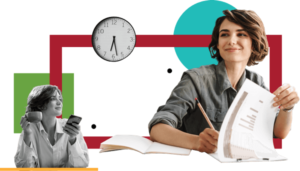 A collage with a smiling woman handling paperwork, another woman smiling with a coffee cup