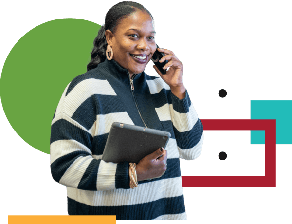 A smiling woman with the phone with Employer Flexible.