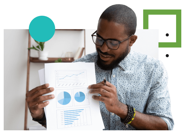 A man presenting an HR document with charts and graphs.