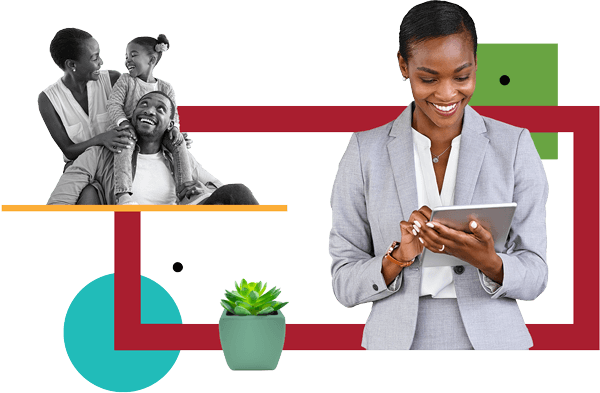 A collage that includes a professional working woman looking at digital tablet and a smaller photo of the same woman with her young family