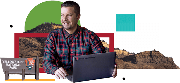 A smiling man working on a laptop in a collage of things specific to Montana.